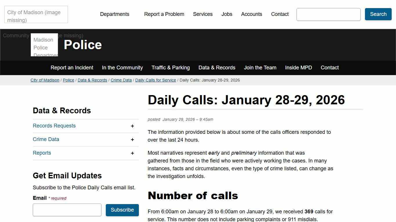 Daily Calls: January 28-29, 2026 Police City of Madison, WI